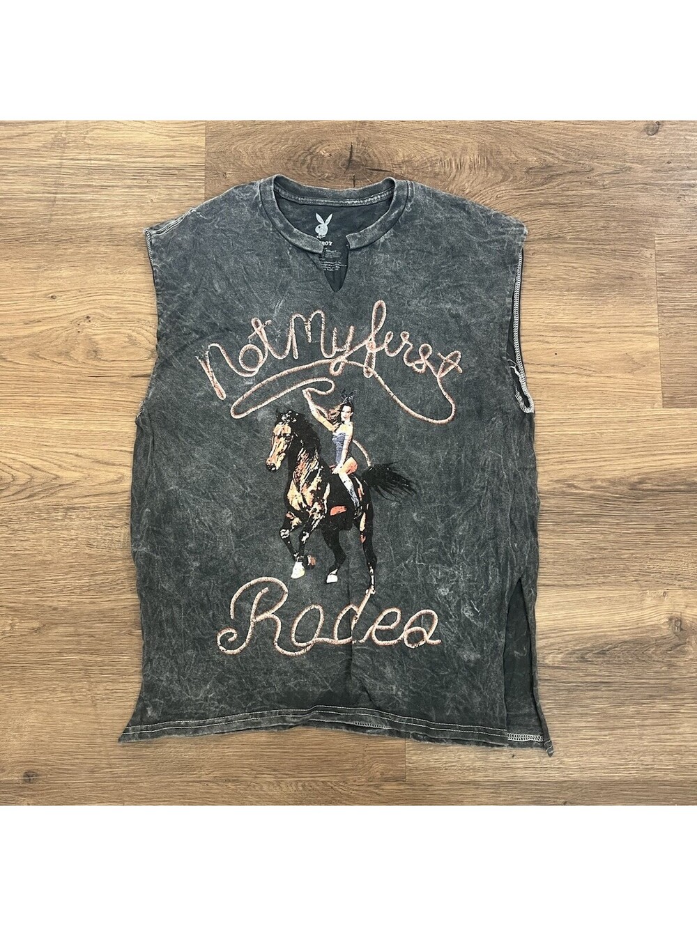 Playboy "Not My First Rodeo" Acid Wash Cutoff Tank Top